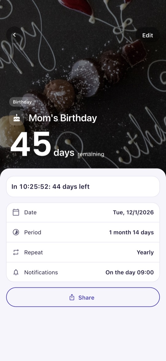 Countdown detail screen